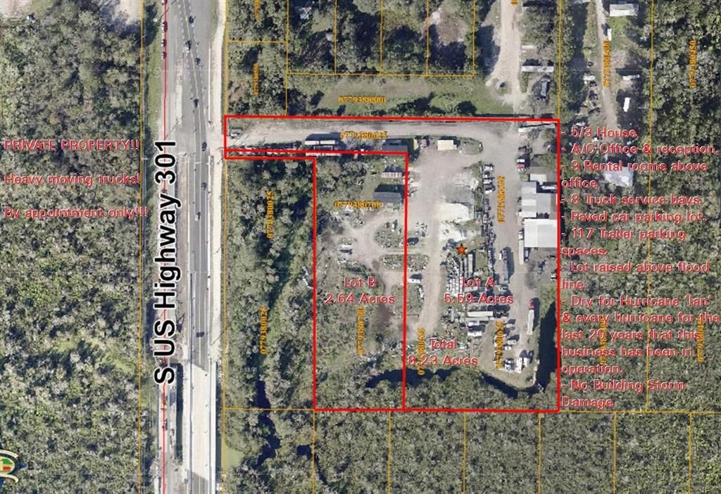 Truck service & 117 trailer parking space business for 20 years - Zoned ASC-1 - County wants re-zoned to commercial - Lot A 5.36 of 5.6 acres dry ~ Lot B 1.67 of 2.64 acres dry (can be increased to 2.3 acres for about $30k)