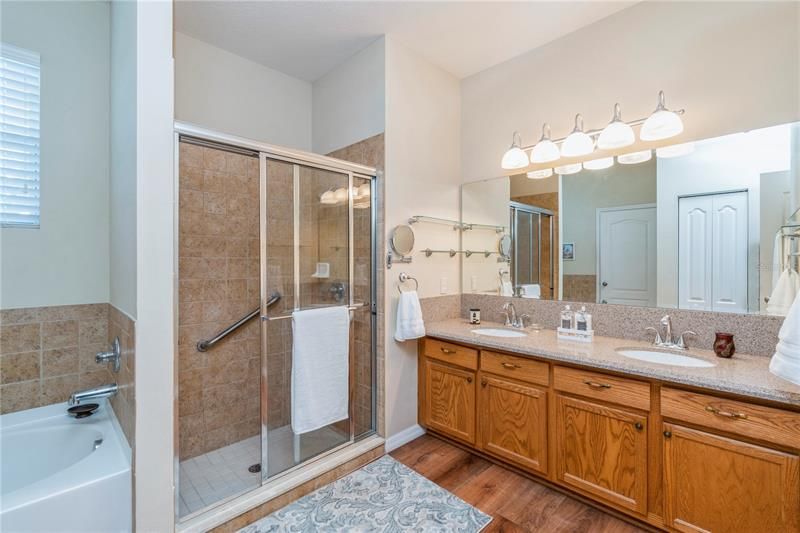 Master Bathroom with Tub, spearate shower, dual sinks and Engineered wood flooring.  Granite Counter top and dual sinks.
