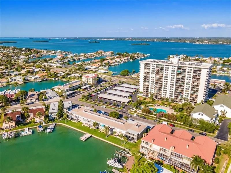 Arial view of the backyard at 270 Skiff Point on beautiful, sunny, Island Estates in Clearwater Beach, Florida