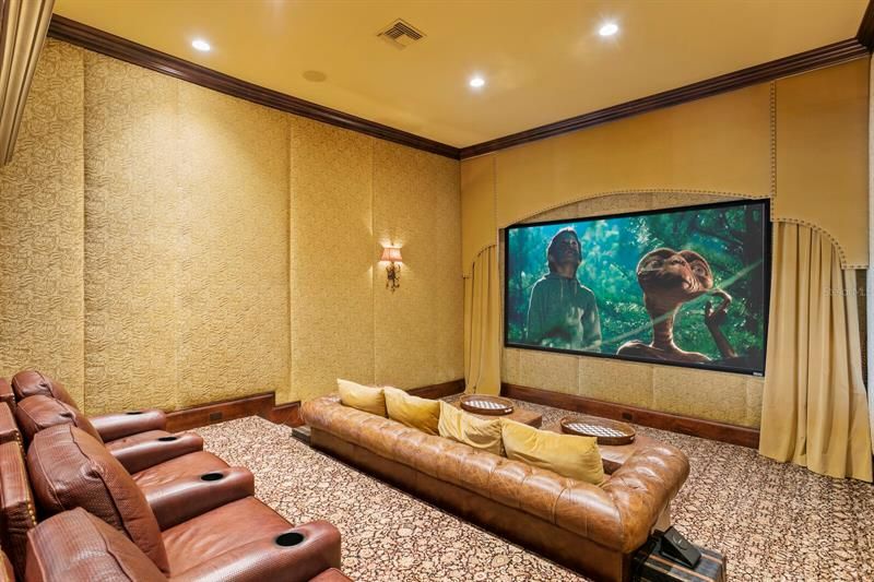 The soundproof movie room provides multi-level seating for 12