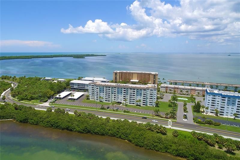 Aerial view looking at the Forbes building, On the left side of picture is the northern tip of Honeymoon Island.