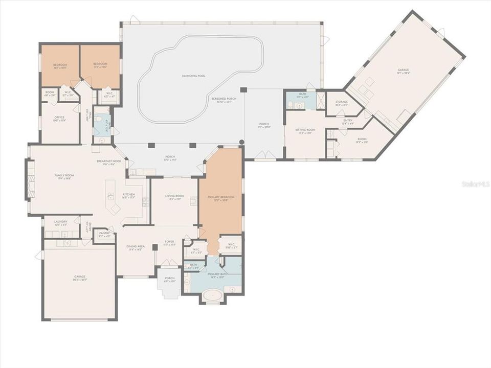 Floor Plan of the Main House, Guest House, and Pool Area w/ Approximate Dimensions (Buyer/Buyer's Agent to Verify)