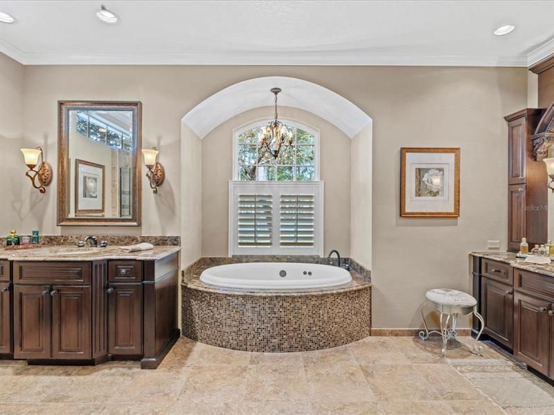 Stunning, Fully Renovated Master Bath w/ Custom Cherry Wood Cabinet Split Vanities, Granite Countertops, Soaking Tub, Frameless, Curbless Walkin Shower, Crown Molding, LED Can Lighting, Private Water Closet, and More