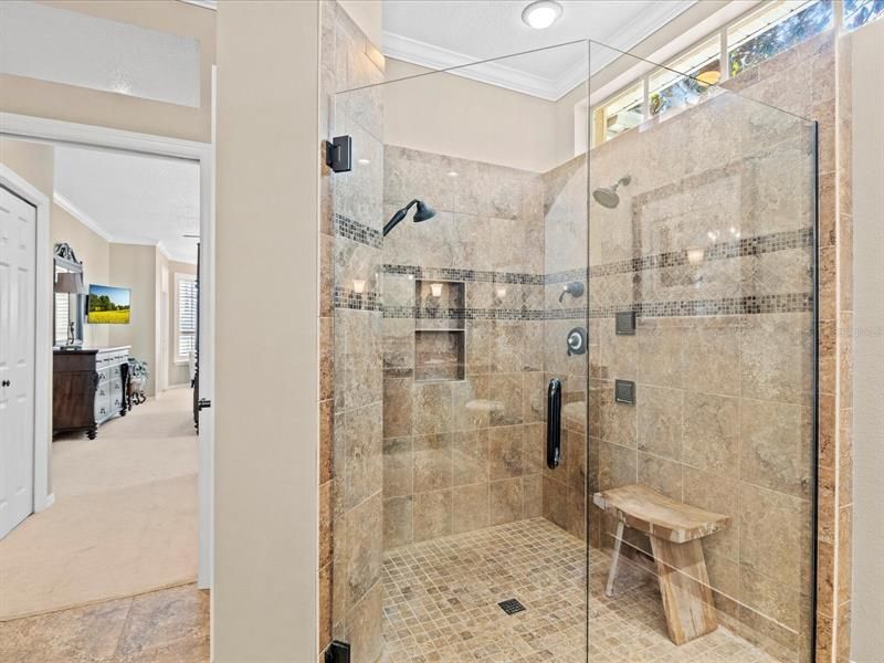 Very Large Walk in Frameless & Curbless Shower w/ Multiple Shower Heads, Body Sprays, Custom Tile Work, Niches & Square Drain