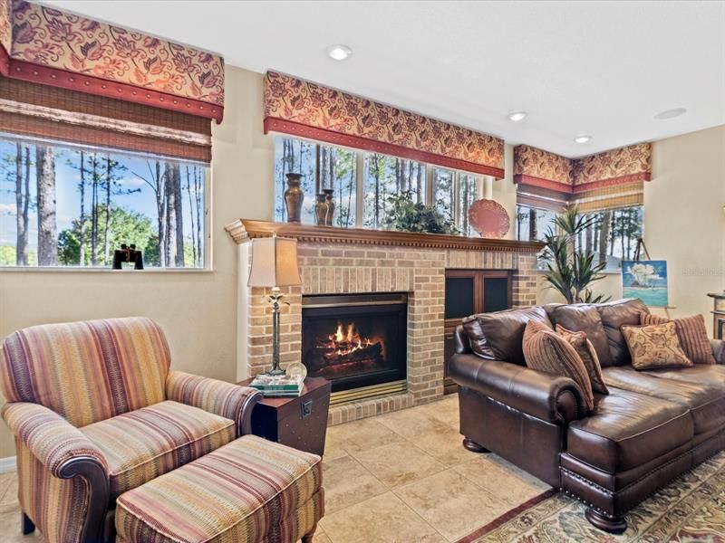 View of the Family Room w/ Brick Surround Gas Fireplace, BIG Windows Looking out to the Trees in the Backyard, and Letting Lots of Natural Light in