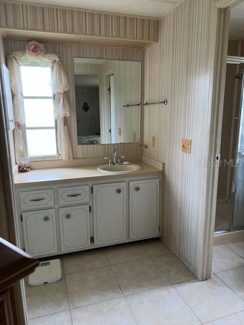 Master Bathroom with view of shower, and storage