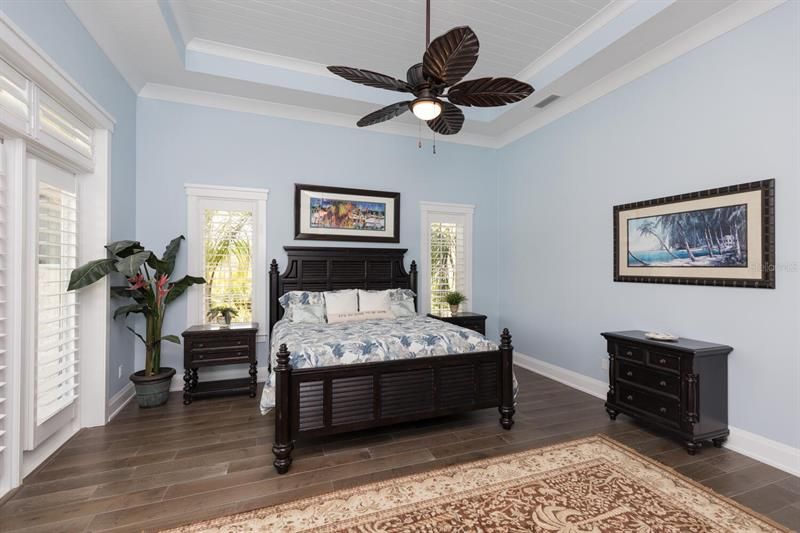 Master Bedroom - tongue and groove ceilings, plantation shutters