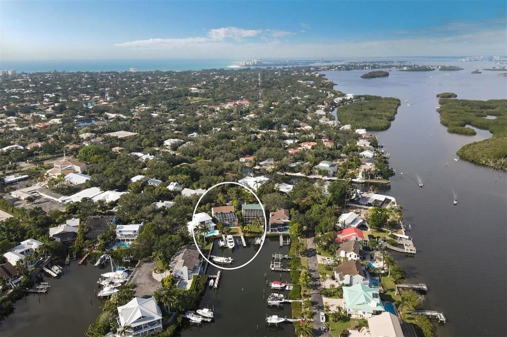 AERIAL VIEW OF HOME AND RIEGEL'S LANDING W/BAY VIEWS