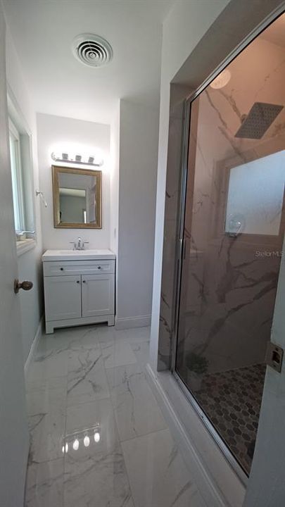 Master bath with brand new Vanity, new floor and new shower