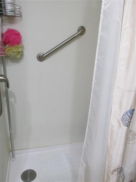 This shower stall is a new addition and includes a handy grab bar.