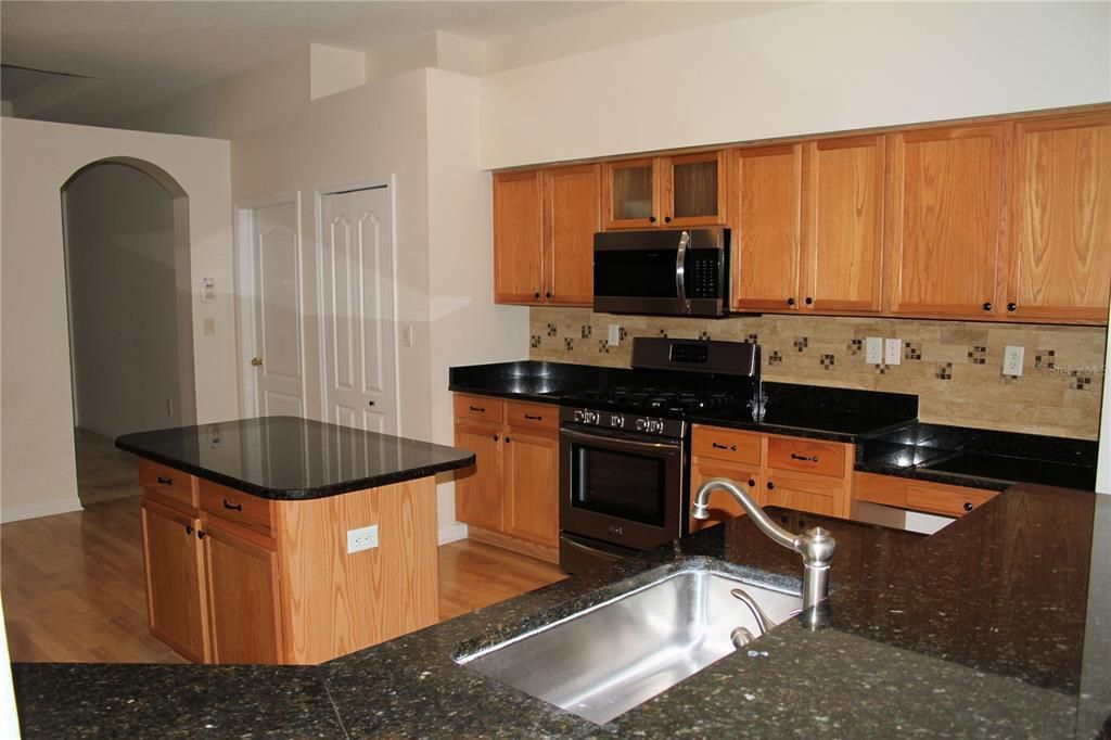 Chef's kitchen with pantry, stainless steel appliances, granite counters, tiled backsplash and gourmet sink.