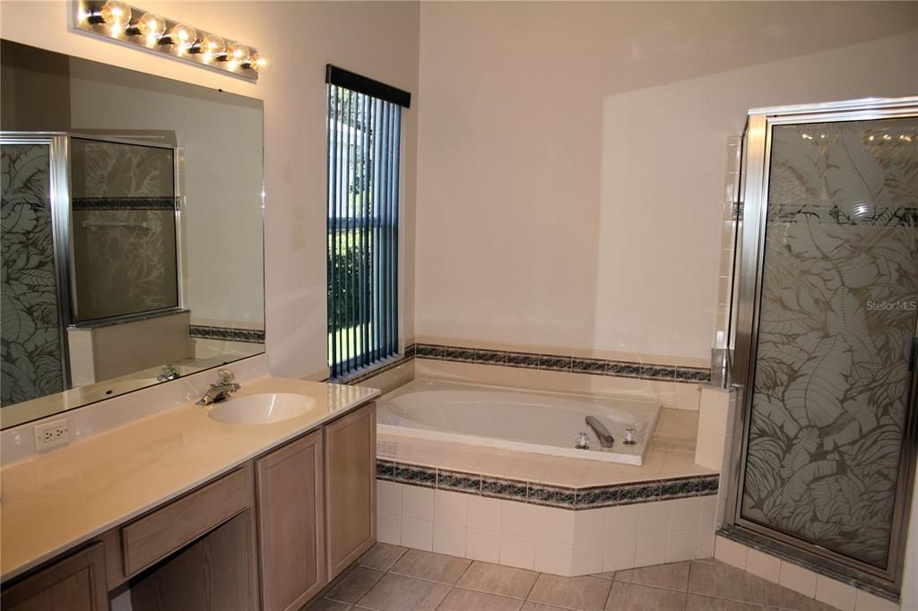 Master Bath separate soaking tub and tiled walk in shower.