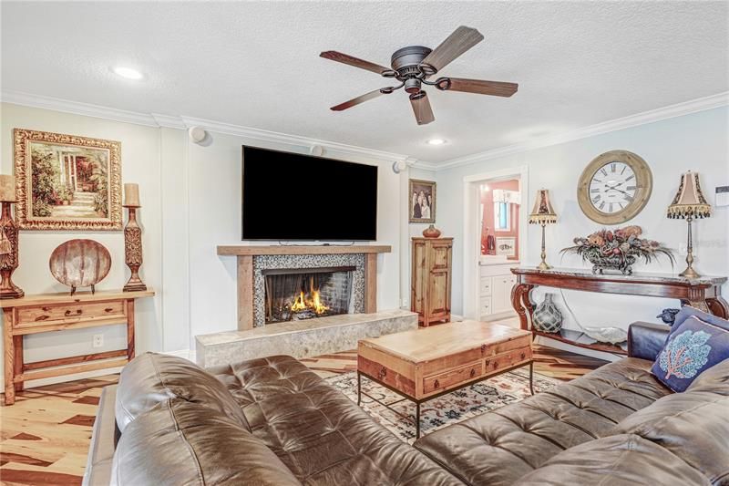 Lower level livingroom with renovated fireplace