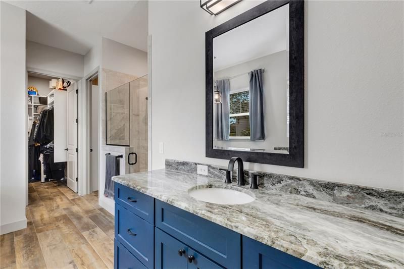 Master vanity with view of shower and two walk-in closets