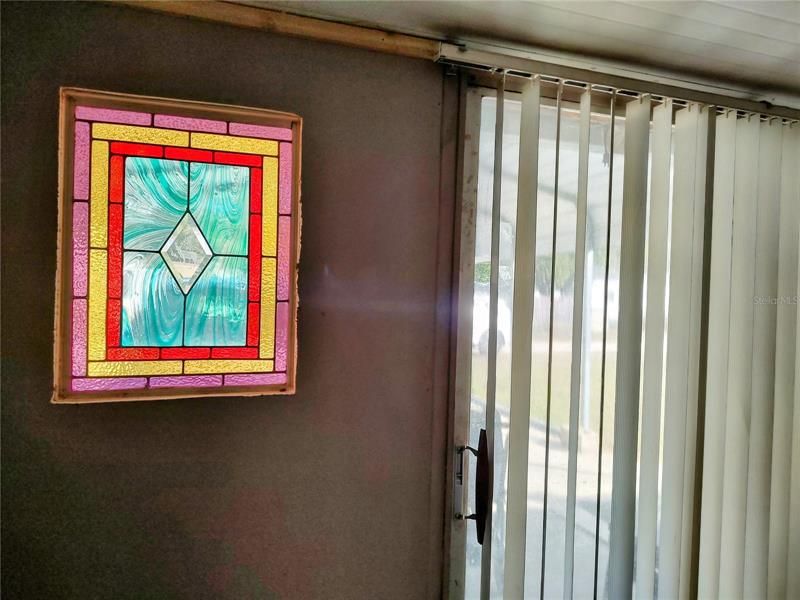 decorative stained glass and sliding glass door