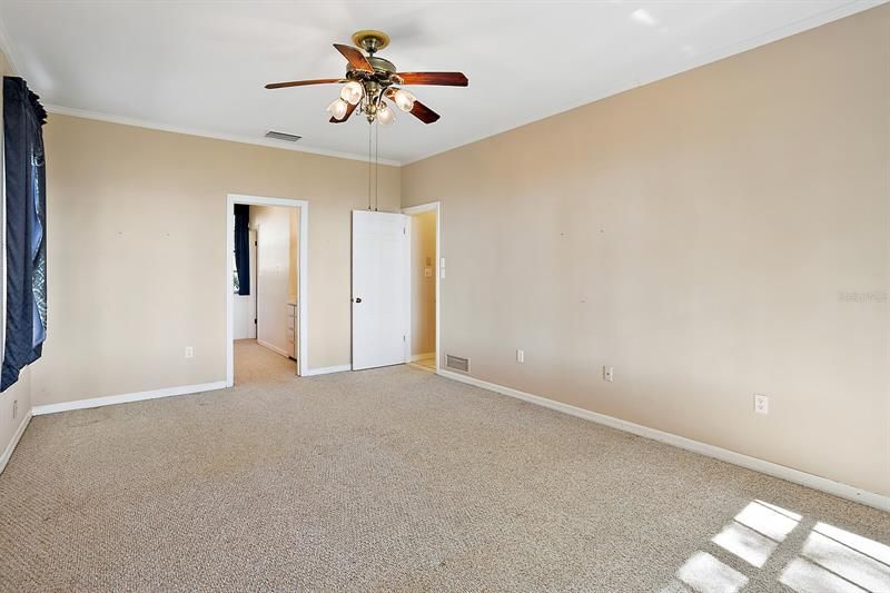 Master bedroom - door to the right leads to the hall; door to the left leads to the two walk-in closets and sink/dressing station