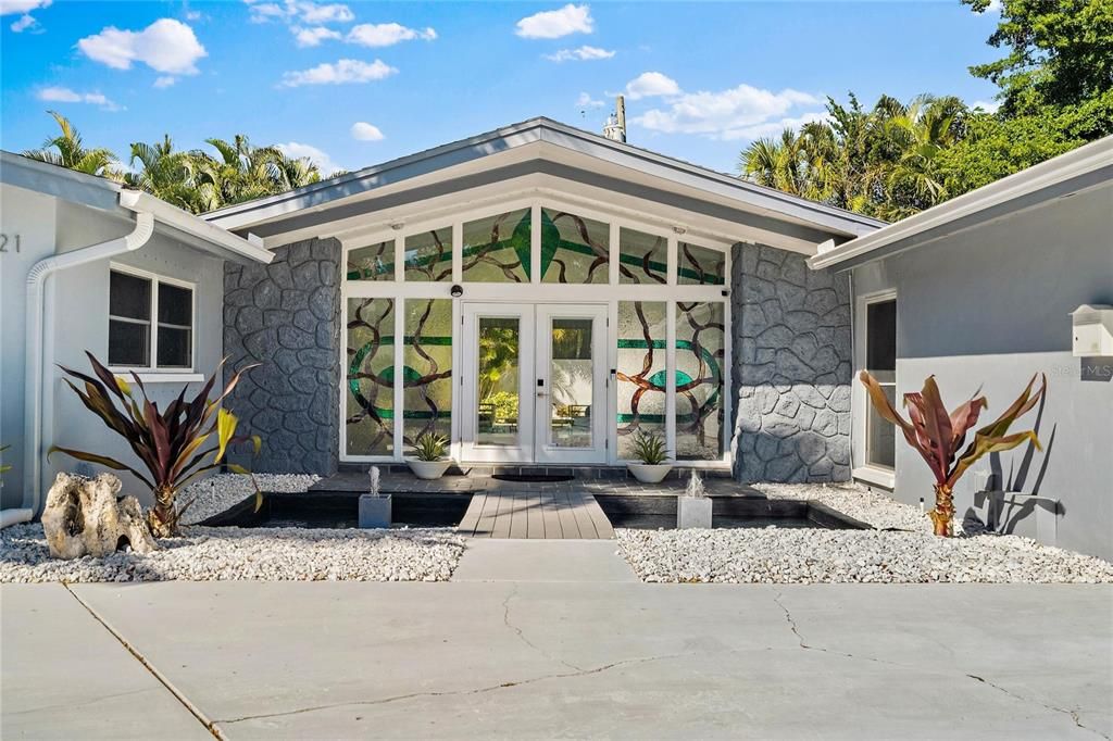 Front of Home w/ Stained Glass Entrance