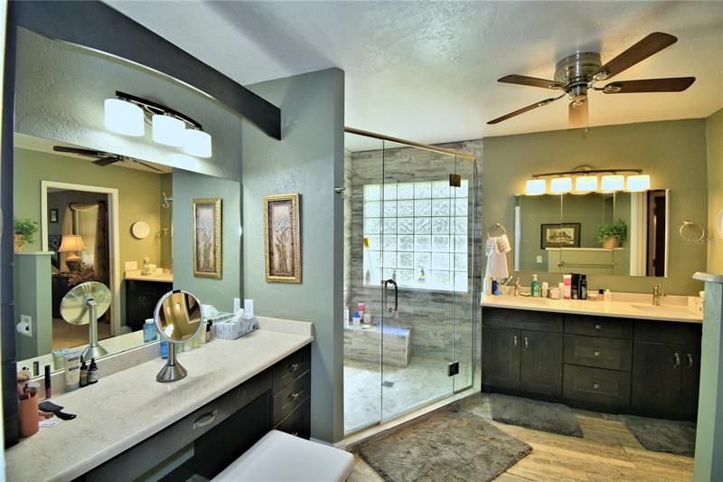 DOUBLE SINKS WITH FULL MAKE UP AREA WALK IN SHOWER