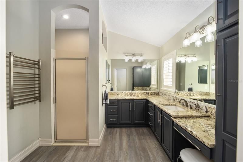 The primary bath.  Notice the the towel warmer and granite.