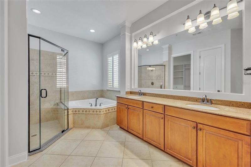 Master bath with dual sinks, oversized  tub and shower