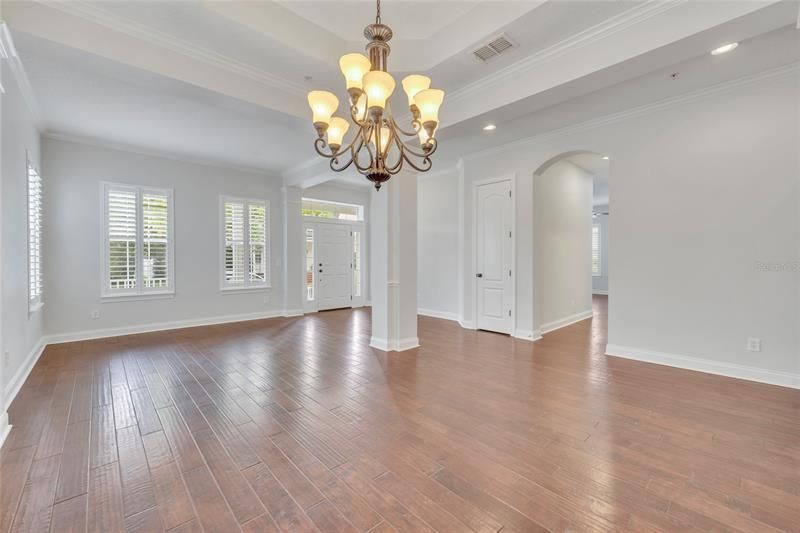 living room and dining room with 10 foot ceilings