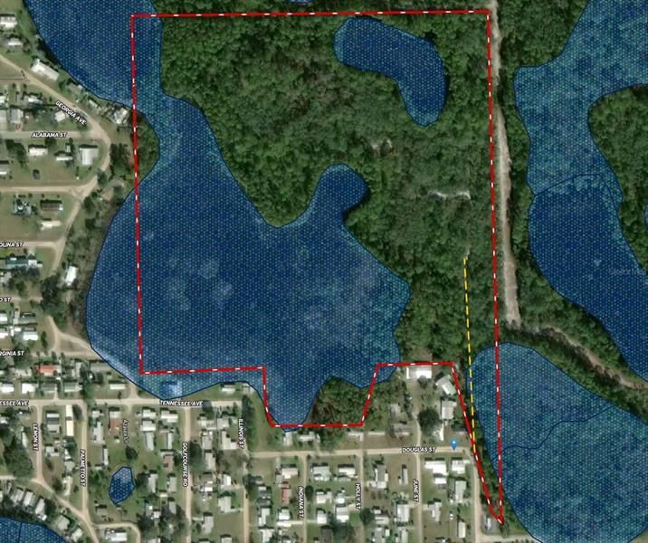 Wetlands and water features overlay of the property. Orange line is the access road to the interior of the property.