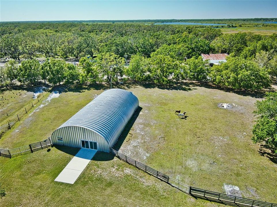 front drone view of Quonset building