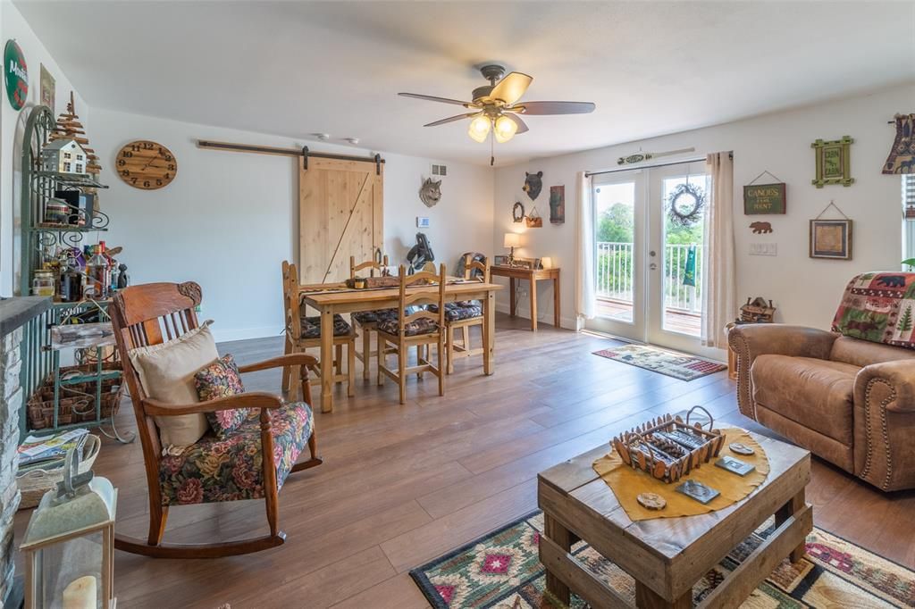 Family room--porch can be seen out the French doors.