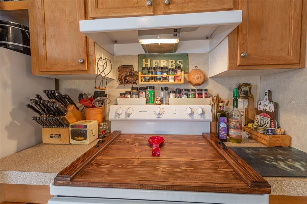 Close up of stove and range hood....lots of cabinets for storage.