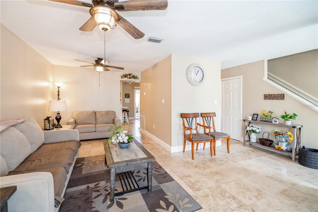 Large living room facing stairwell