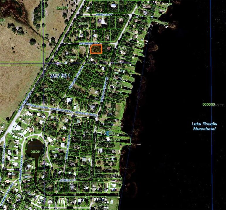 Aerial depicting both the available parcel and the marina with waterway leading to Lake Rosalie