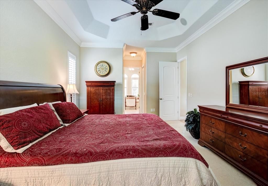 Master bedroom with tray ceilings.