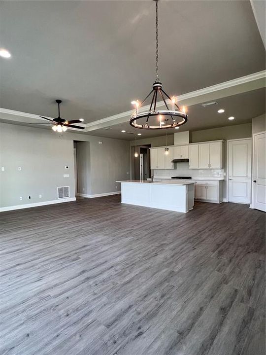 Kitchen, dinning, living area with many cabinets