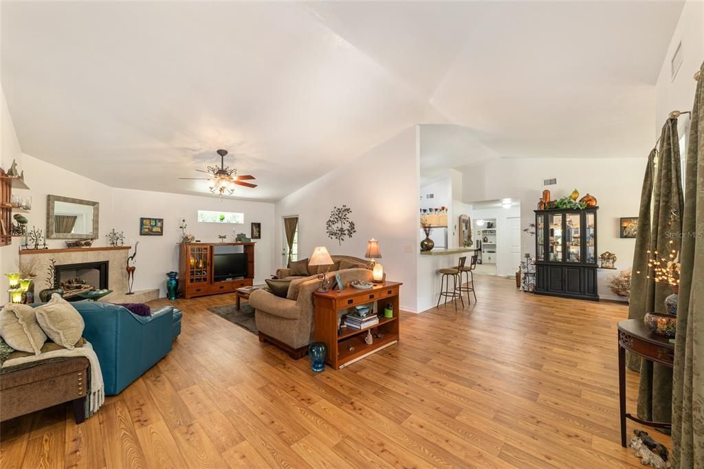 Open great room with vaulted ceilings