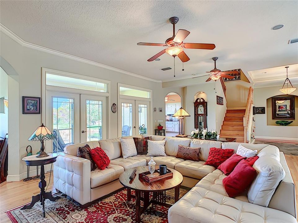 view from fireplace towards kitchen