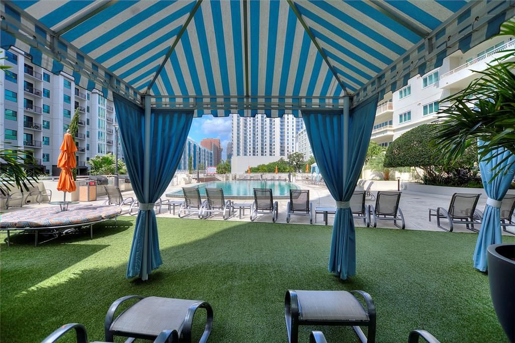 Enjoy some shade under one of six pool cabanas