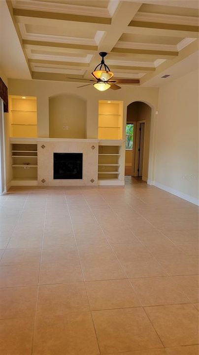 Family room with built ins and fireplace