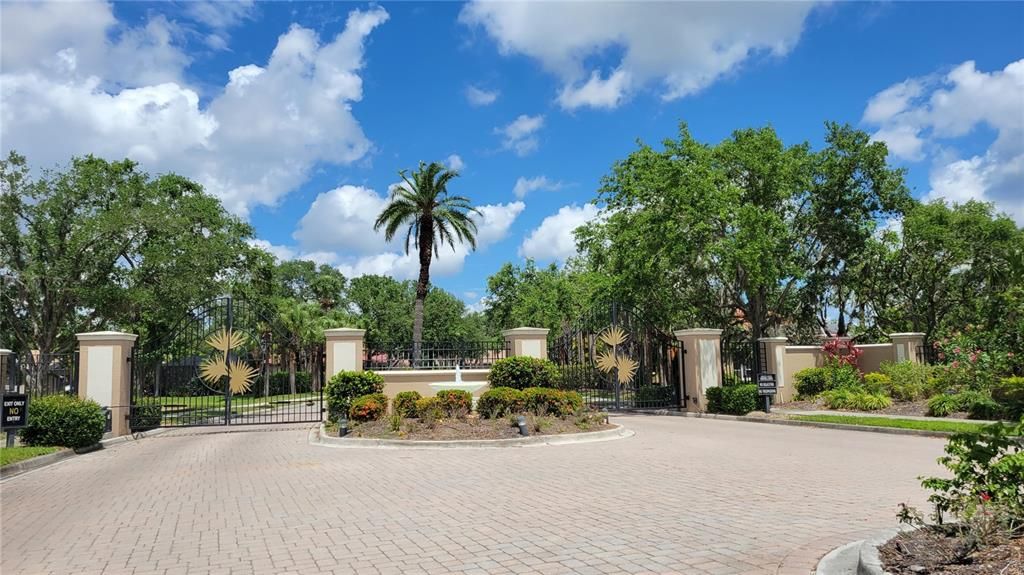 Development entry with massive gates and fountain