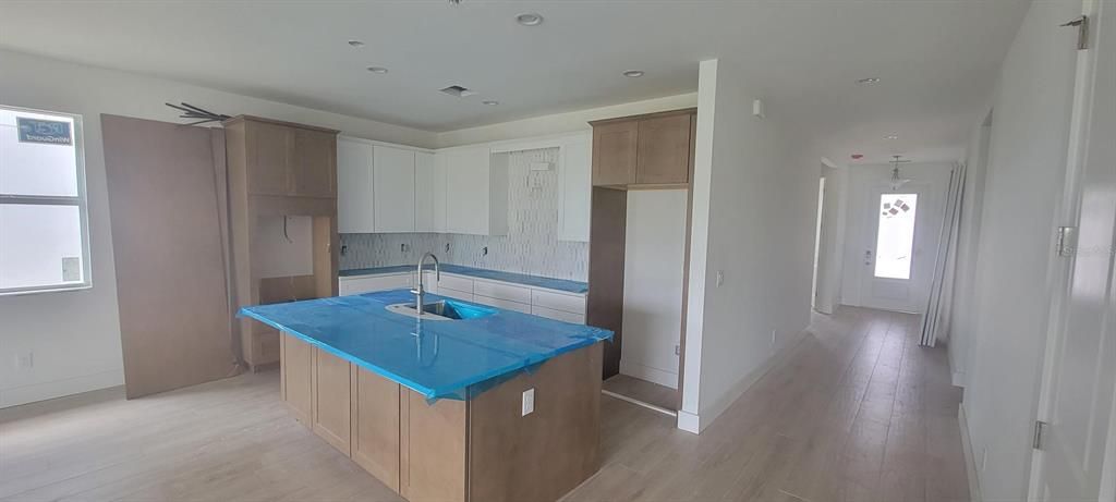 Kitchen area (Upgraded countertops, cabinets, and appliances) Blue covering over quartz countertops