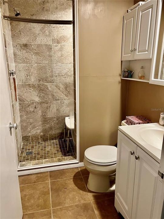 upgraded bathroom with stand up shower, new cabinets and tiles.