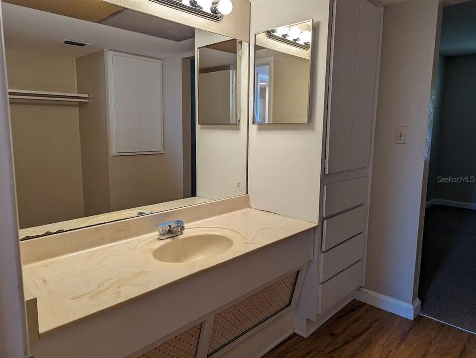 Vanity with built in storage areas and large closet