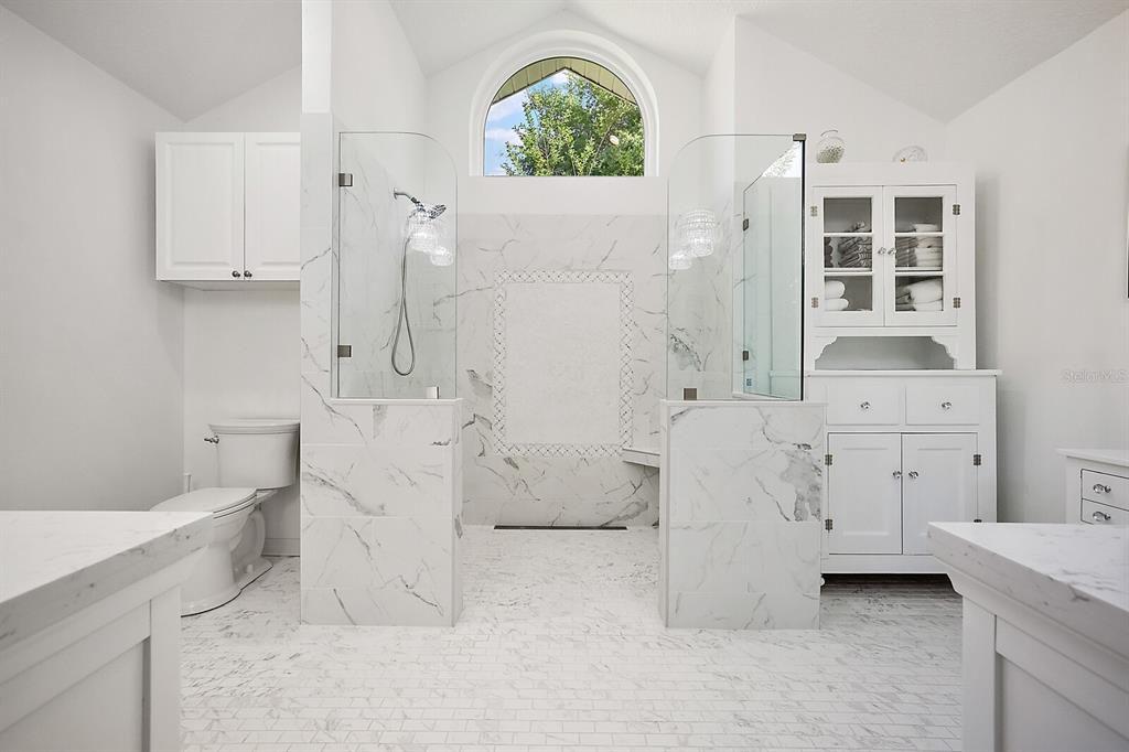 Master bath with exquisite marble tile work