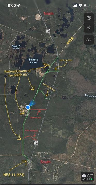 Some map applications may route you differently. The 4 approved methods to access the property are outlined on the map. Certain maps show different names for roads I’ve included some known alternatives below. The property can be accessed with no issues with any of the green marked roads, do not go down the 2 red marked roads, 4 wheel drive is needed  for one of those and the other is very tight and may scratch vehicle paint. ( pine needle dr & small 1 lane sugar road w/ 1 powerline above)Alternate road namesNFS 14 (FSR 573) NFS 22 (FSR 585-2) Railroad grade (SE 309th CT) NFS 24 (FSR 535)