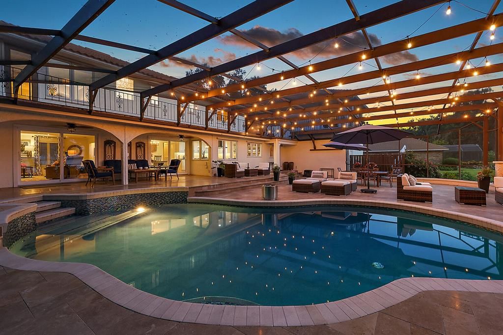 Pool area at sunset