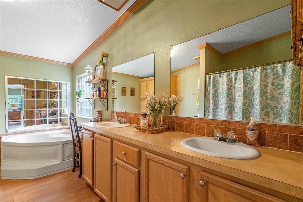 Master bath includes double sink vanity and garden tub.