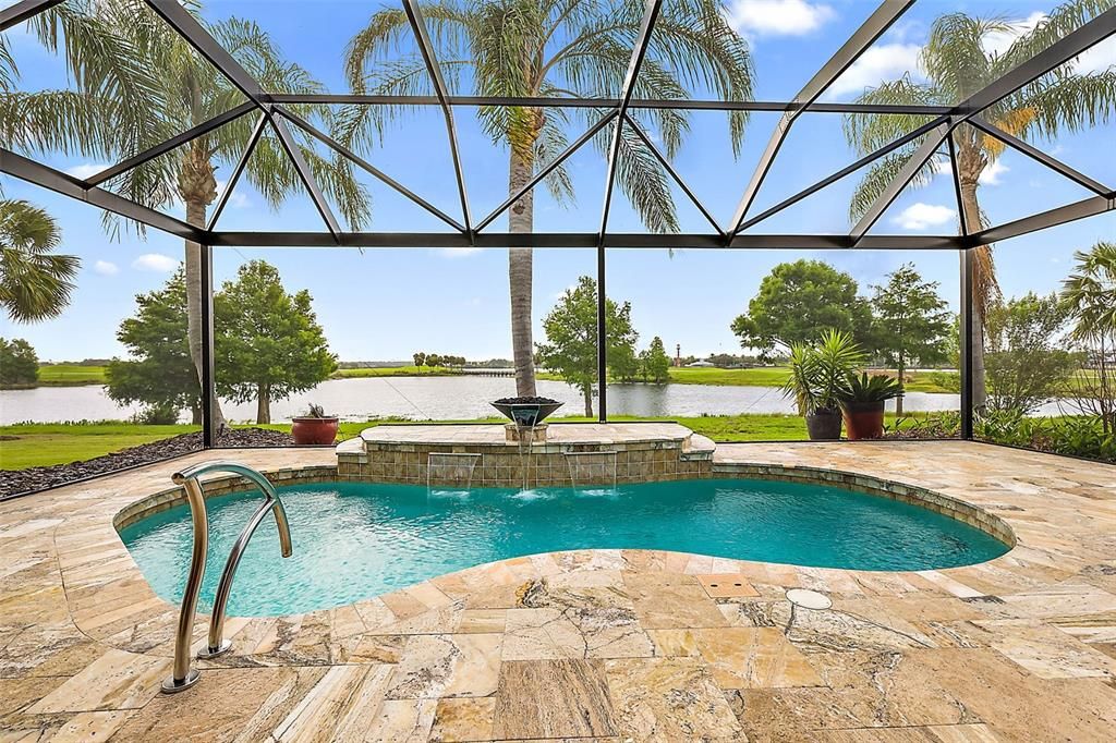 Salt water pool w/water features & fire bowl