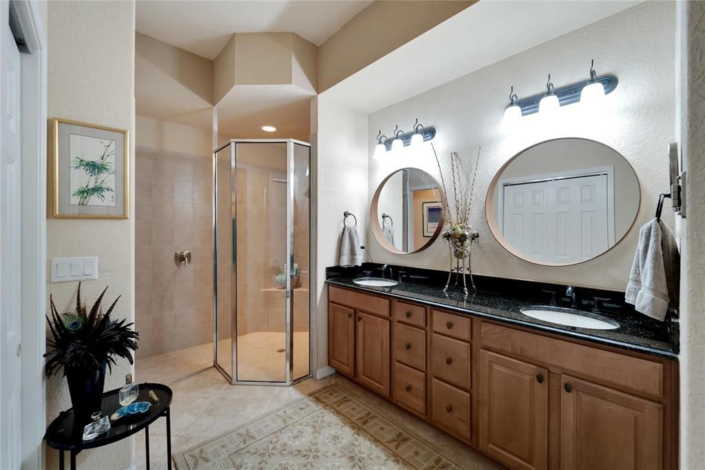 Owner's suite bathroom with dual granite vanity sinks and walk-in shower. Extra storage linen closet and additional closet for clothes included with a separate toilet room.