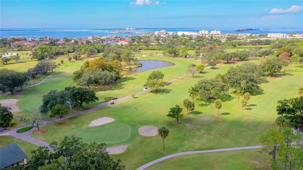 This aerial view of the Back 9 of the Golf Club is looking Northwest towards the Dunedin Causeway and world famous Honeymoon and Caladesi Islands.