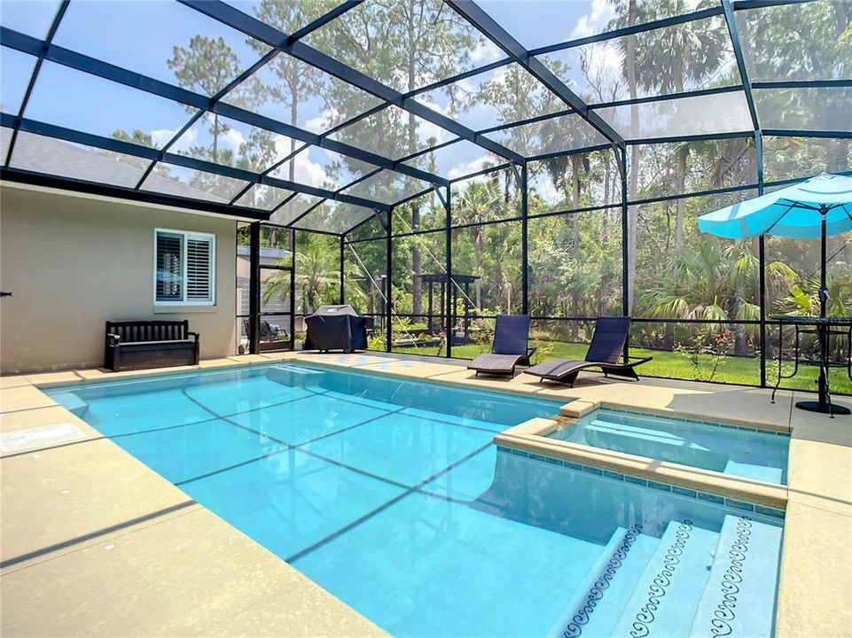 Pool with lush backyard