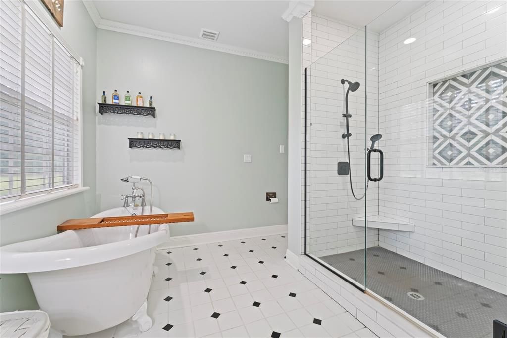 Remodeled Master Bath walk in shower with dual shower heads and a Claw Foot Tub